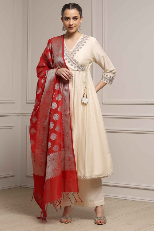 Fuchsia Embroidered Angrakha Festive Anarkali Suit Set image number 6