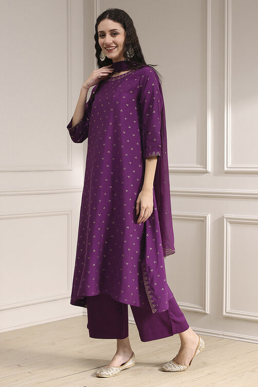 Purple Polyseter Blend Straight Printed Fusion Set image number 3
