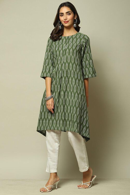 Dark Green Cotton IKAT Straight Yarndyed Kurta image number 2