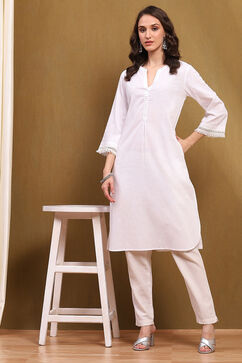 White Cotton Blend Solid Straight Kurta image number 0