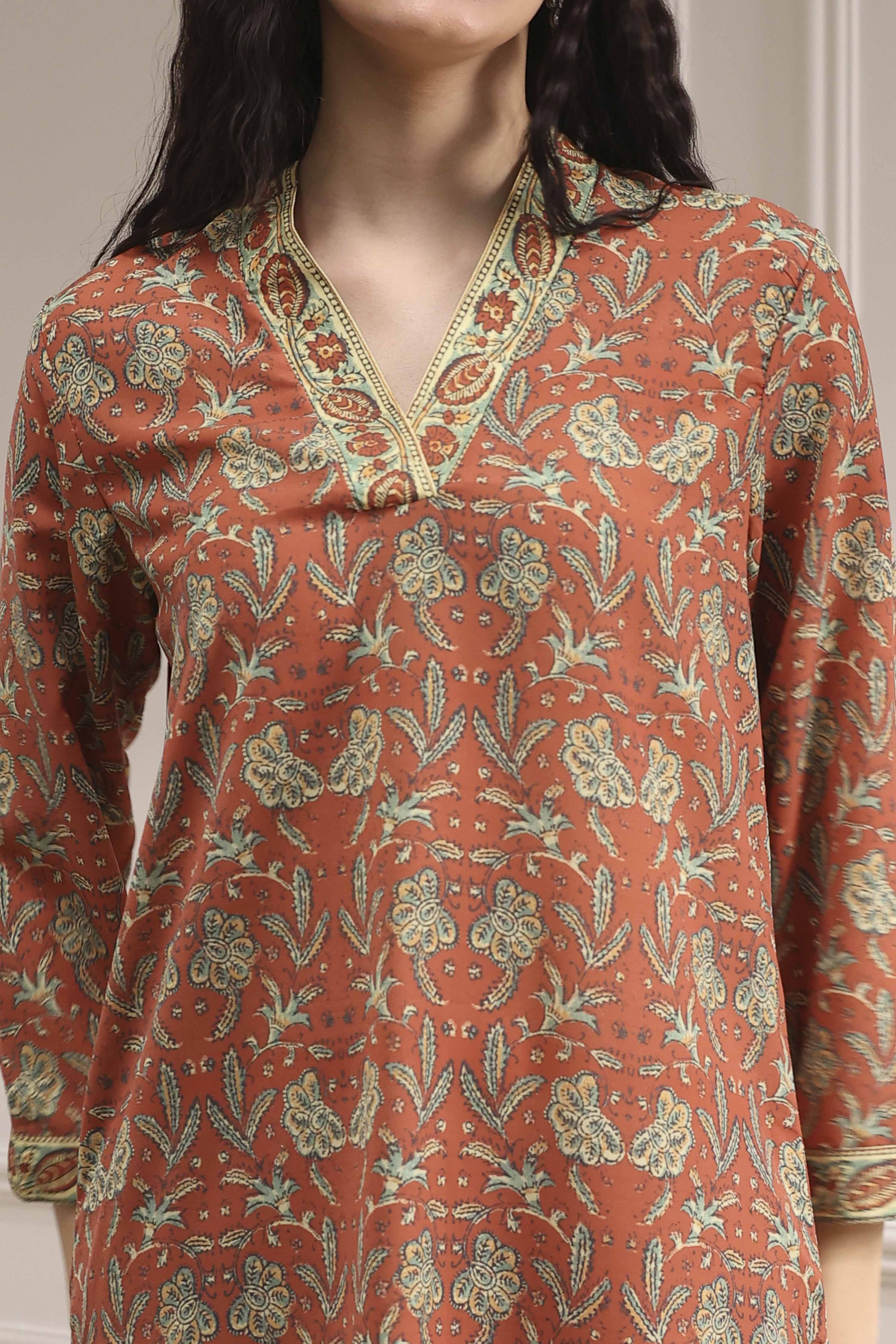 Rust Printed Straight Suit Set image number 1