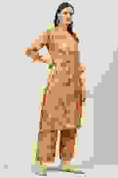 Peach Printed Straight Kurta Palazzo Suit Set image number 5