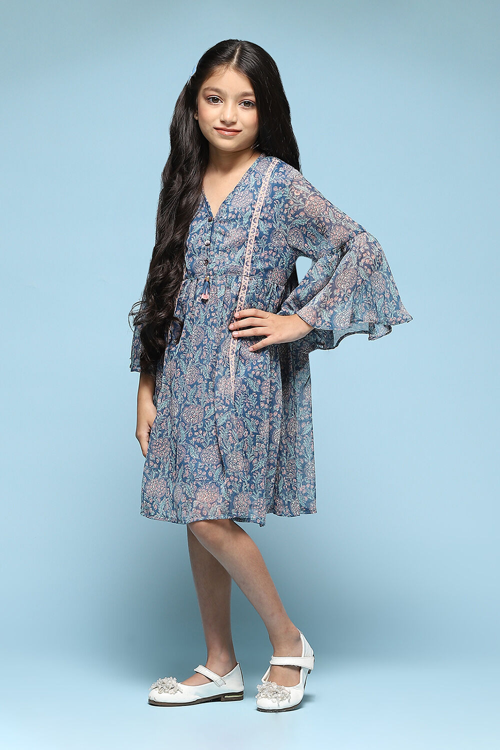 Blue Polyester Gathered Printed Dress image number 2