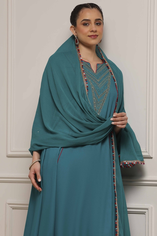 Teal Green Solid Kalidar Suit Set image number 7