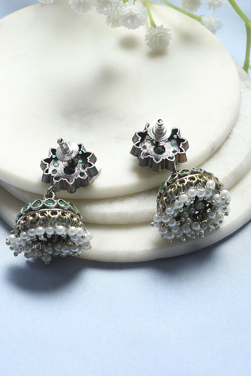Green Stone-Studded Oxidised Jhumkas image number 2
