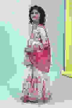 Off-White and Pink Cotton Peplum Suit Set image number 3