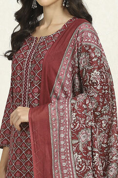 Maroon Cotton Floral Printed Unstitched Suit Set image number 8