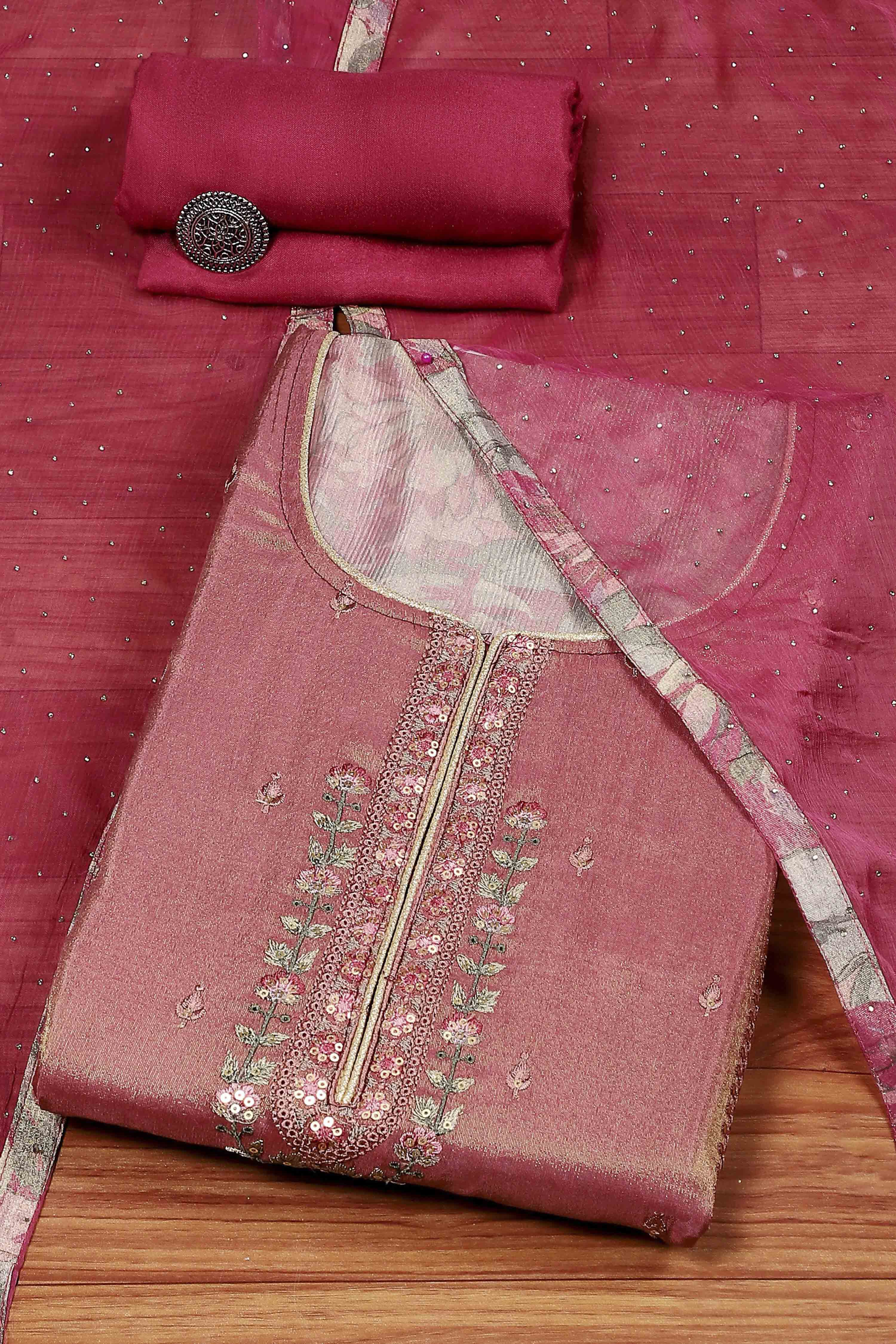 Purple Silk Blend Machine Embroidered Unstitched Suit Set image number 0