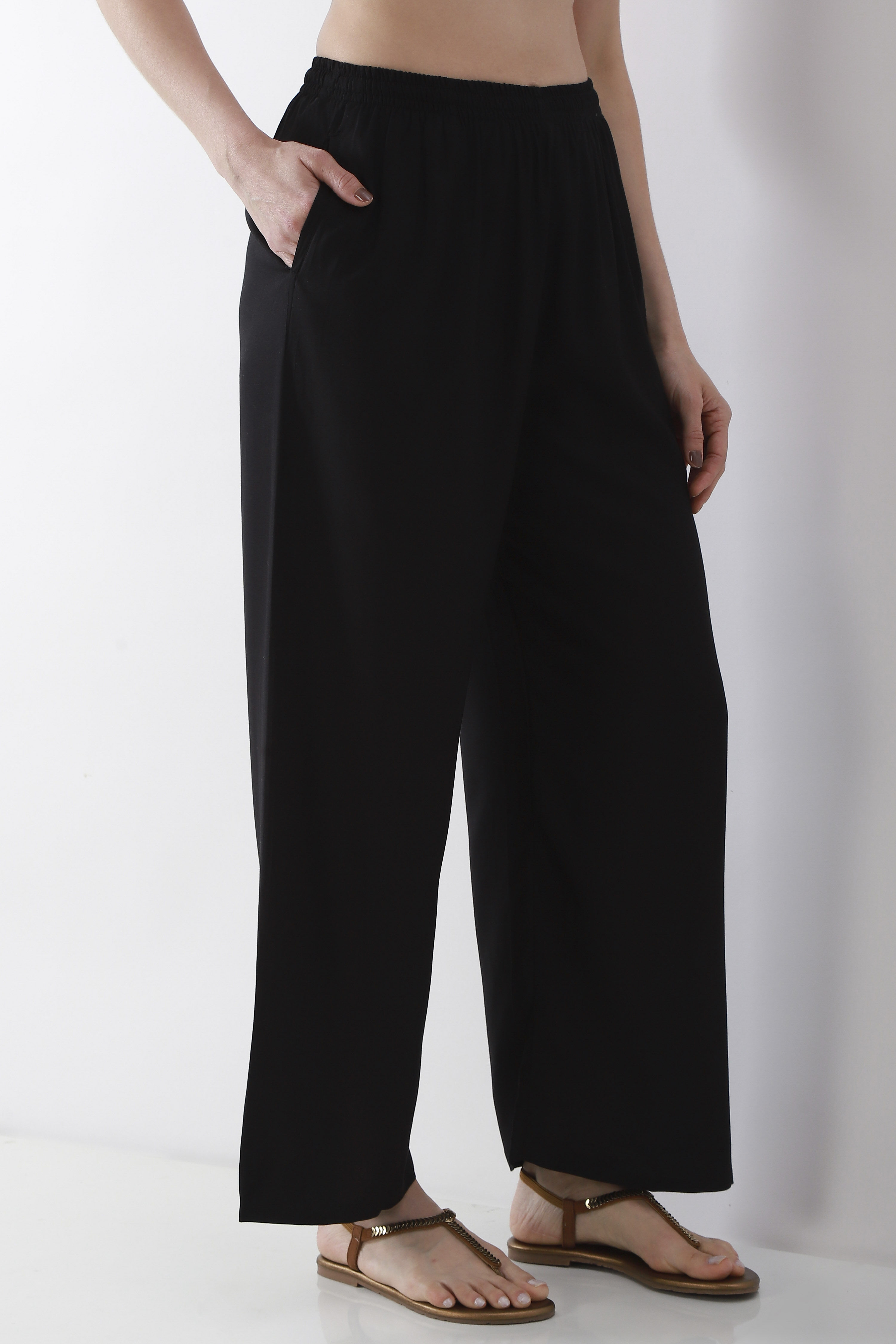 Black Viscose Rayon Straight Palazzos image number 3