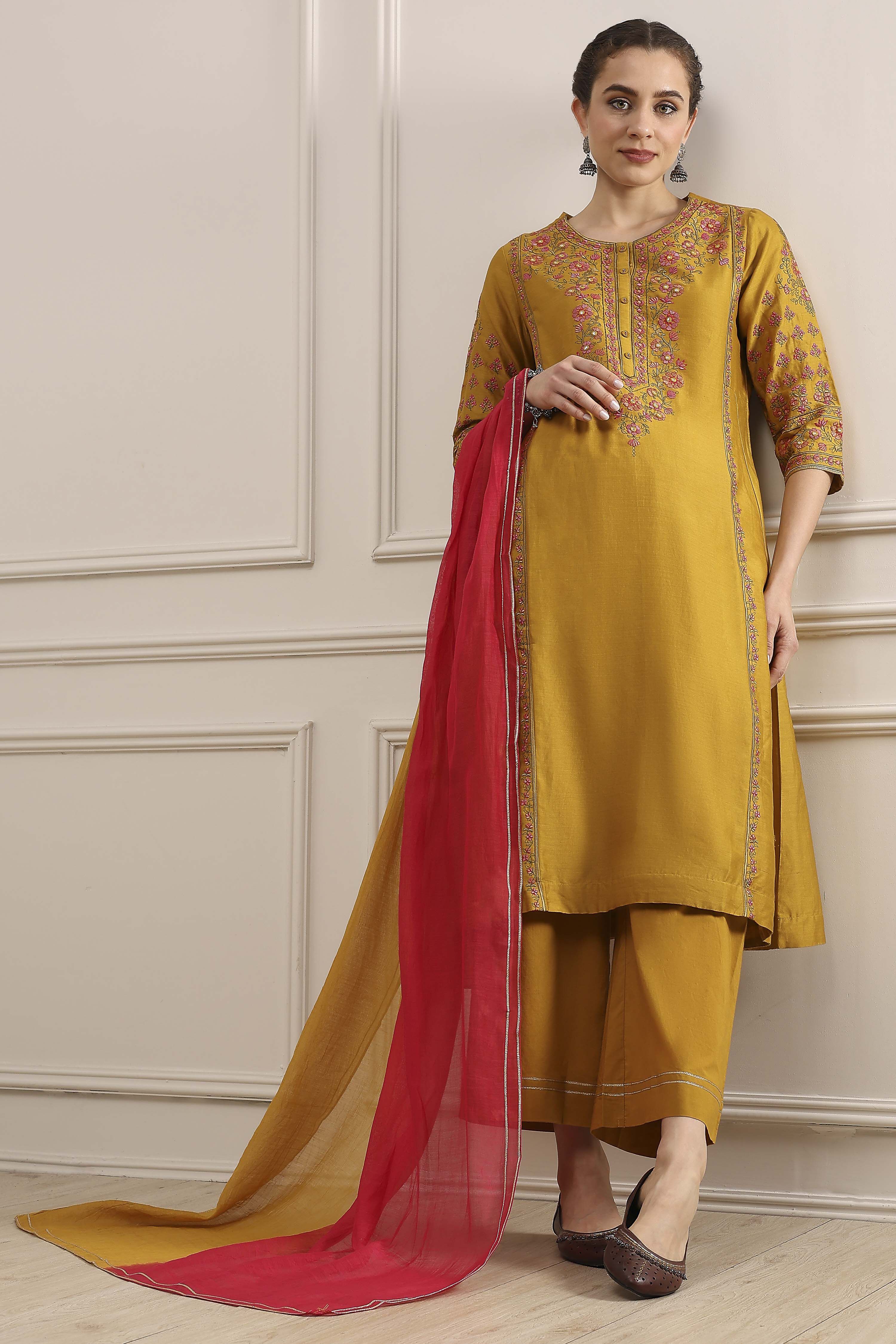 Mustard Yellow Cotton Embroidered Kalidar Suit Set image number 0