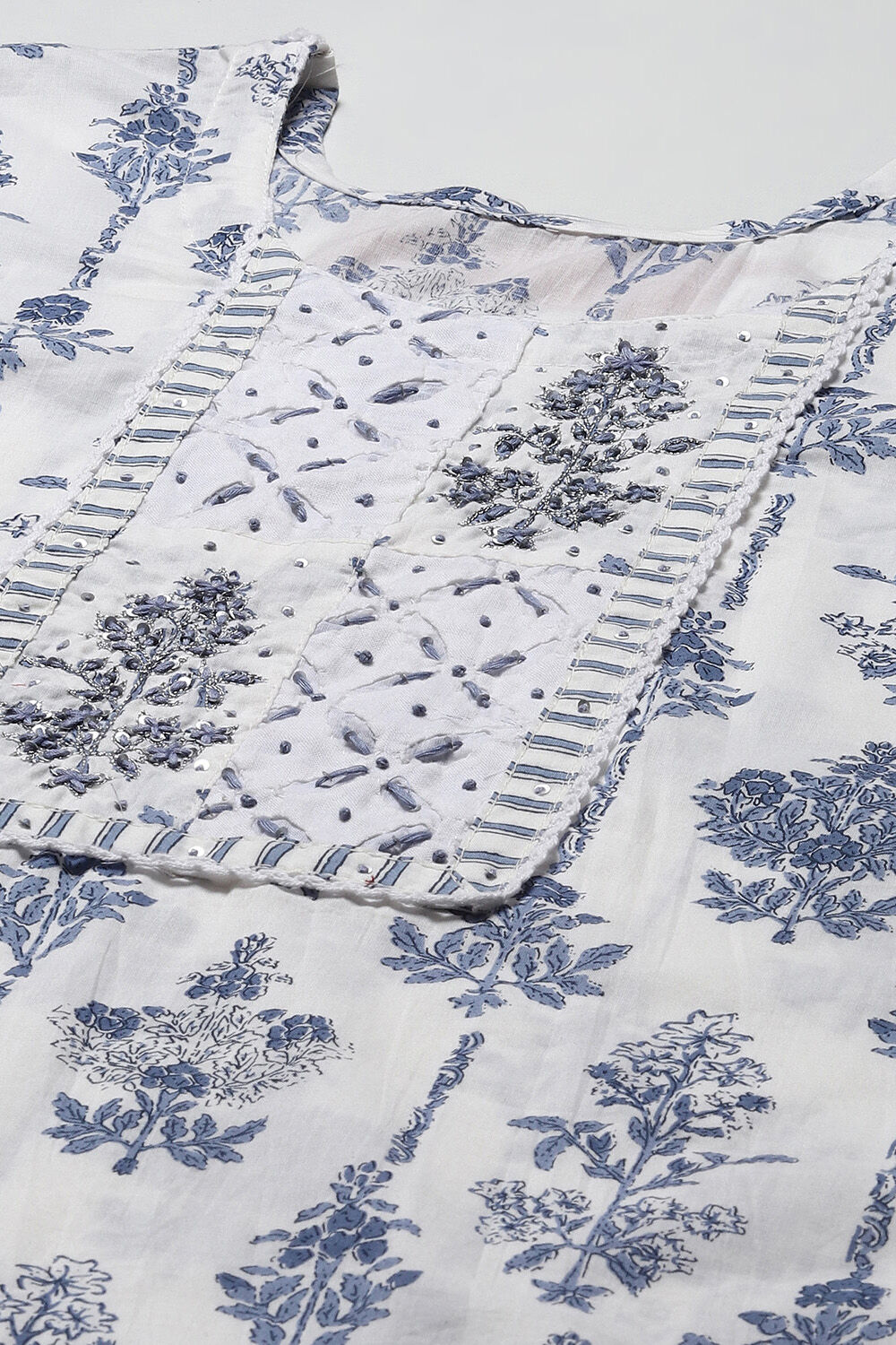 Blue Cotton Schiffly Unstitched Suit Set image number 2