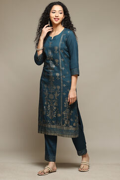 Teal Rayon Straight Kurta Pants 2 Piece Set image number 3