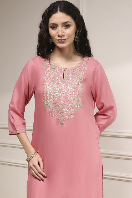Pink Embroidered Straight Suit Set image number 1