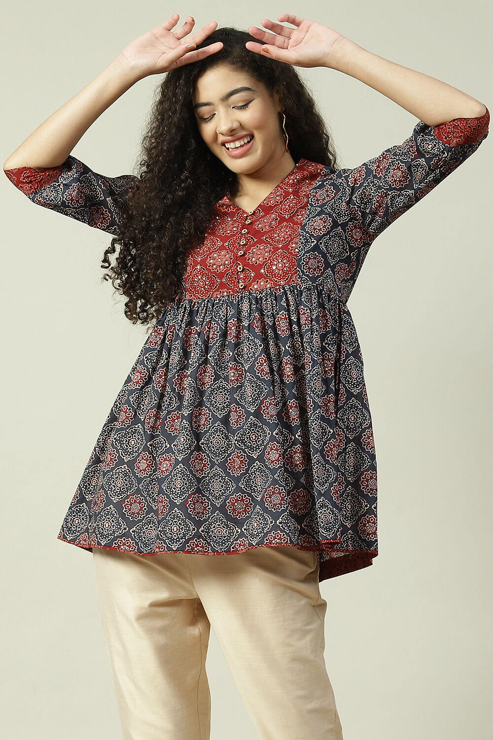 Rust Cotton Flared Printed Short Kurti image number 6