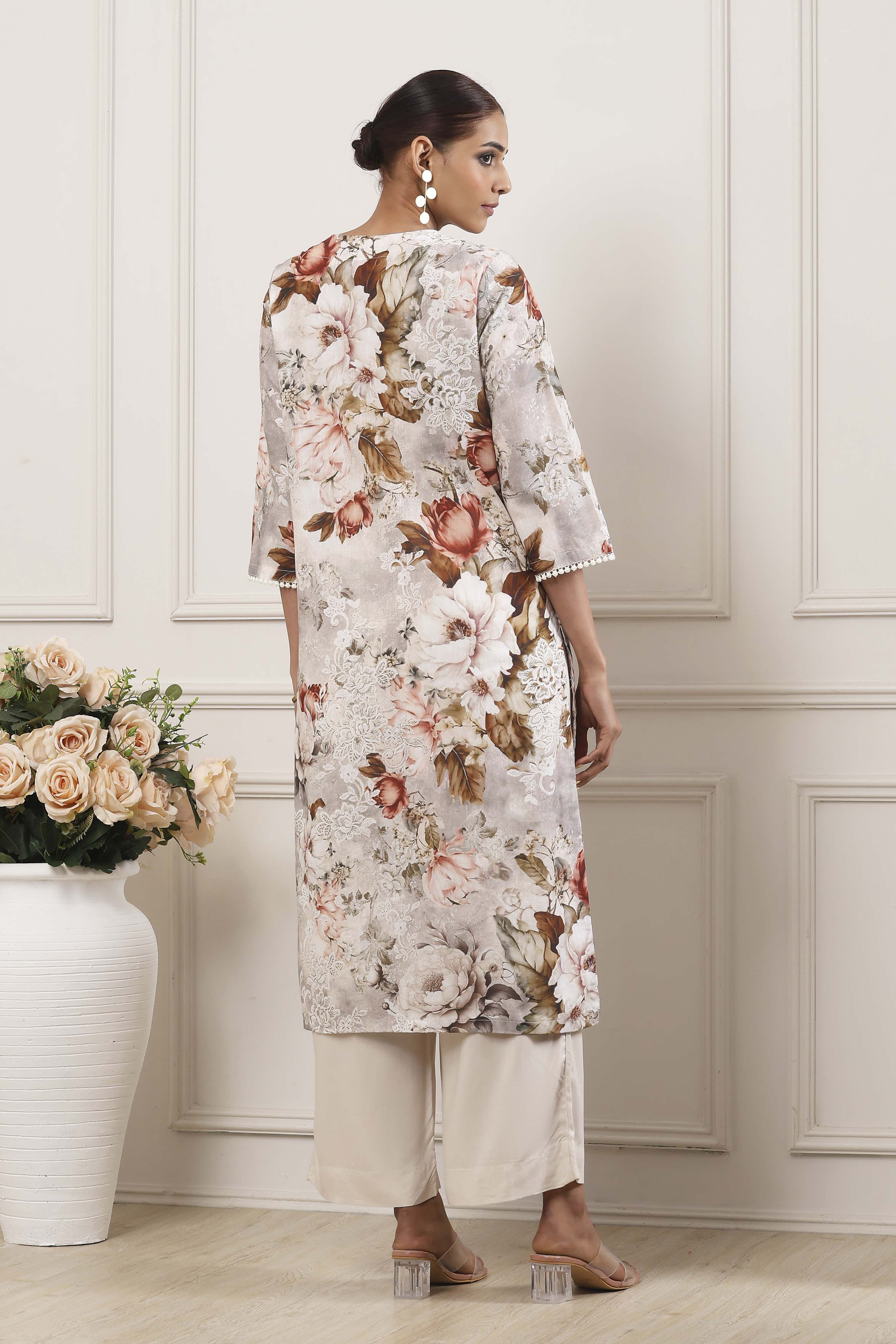 Beige Cotton Floral Printed Straight Suit Set image number 3