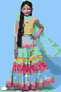 Yellow Cotton Strappy Top With Tiered Lehenga & Net Dupatta image number 0