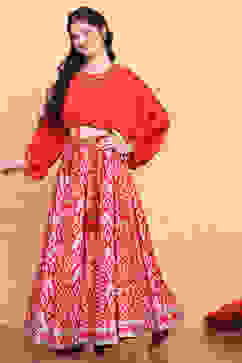Red Printed Fusion Flared Lehenga Set image number 3