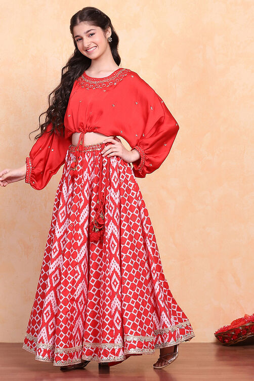 Red Polyester Lehenga Set image number 3