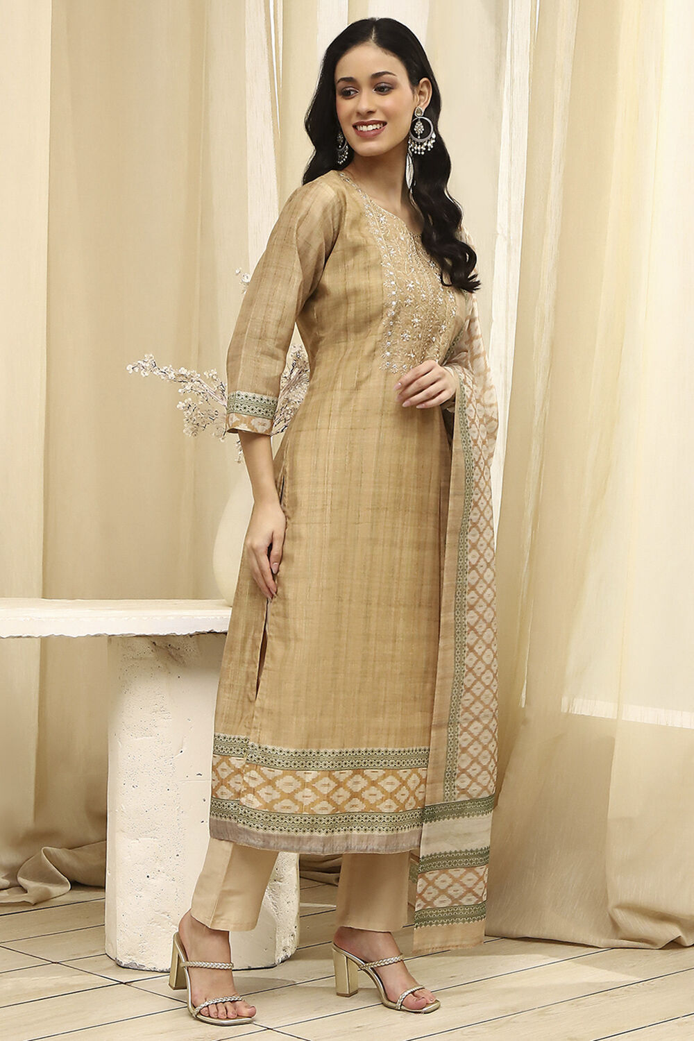 Beige Cotton Machine-Embroidered Unstitched Suit Set image number 5
