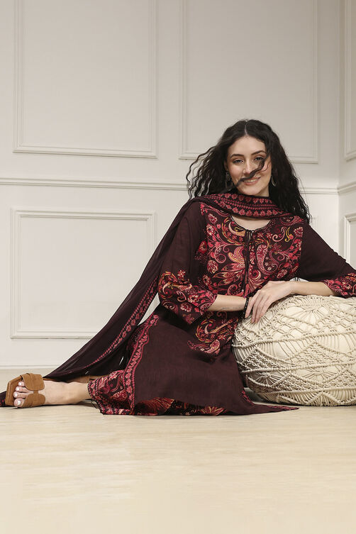 Brown Printed Straight Suit Set image number 7