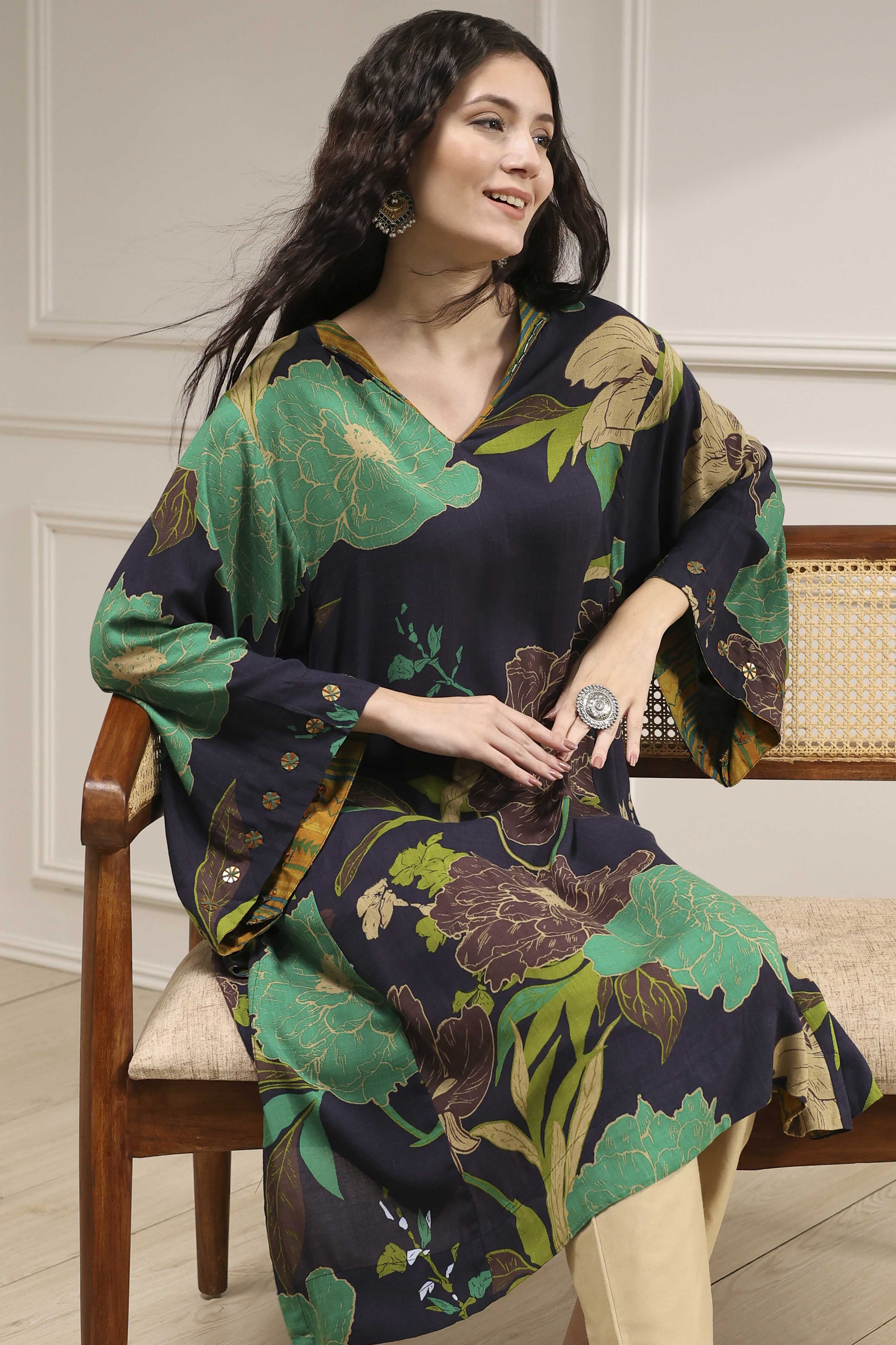 Charcoal Viscose Rayon A-Line Printed Kurta image number 0