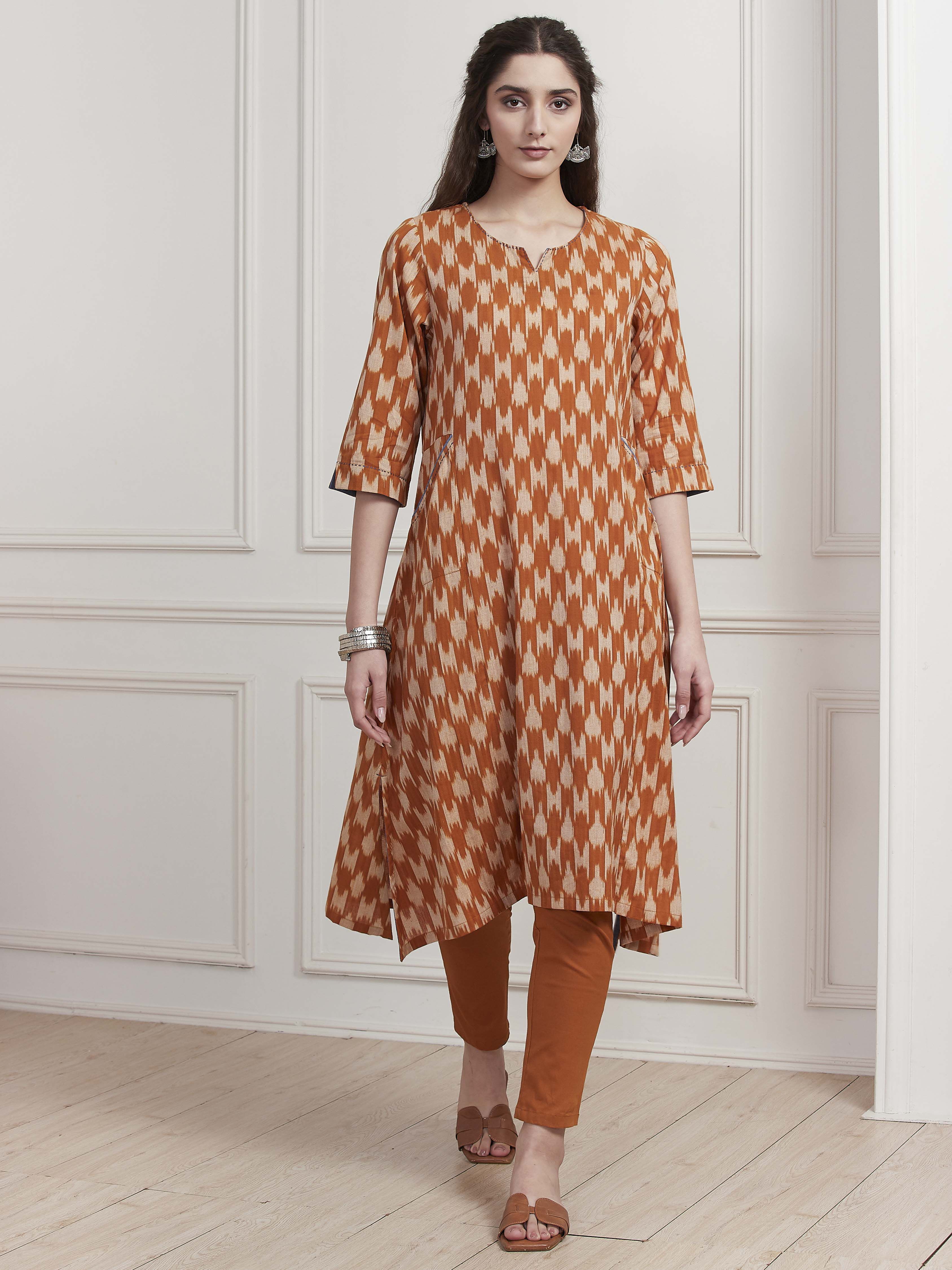 Rust Cotton Ikat Printed A-Line Kurta image number 5