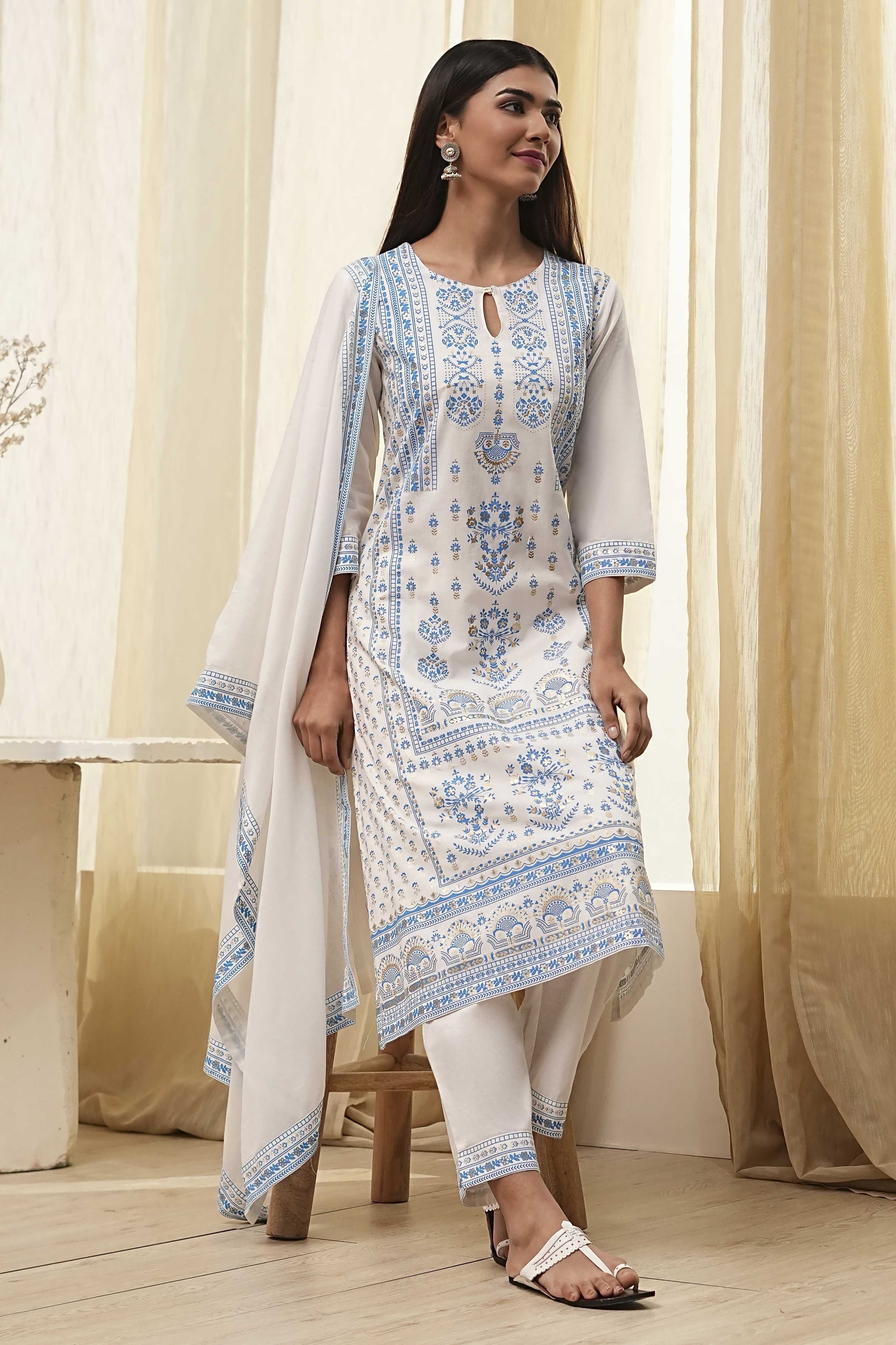 Off-White and Pink Cotton Straight Suit Set image number 0