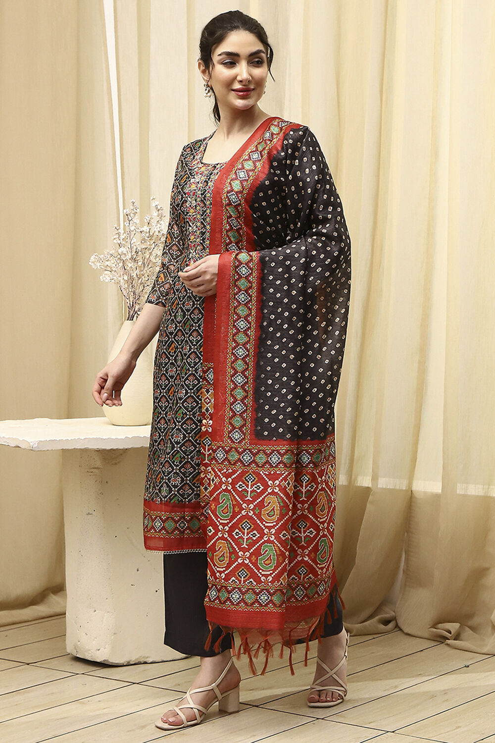 Black Tissue Machine Embroidered Unstitched Suit Set image number 4