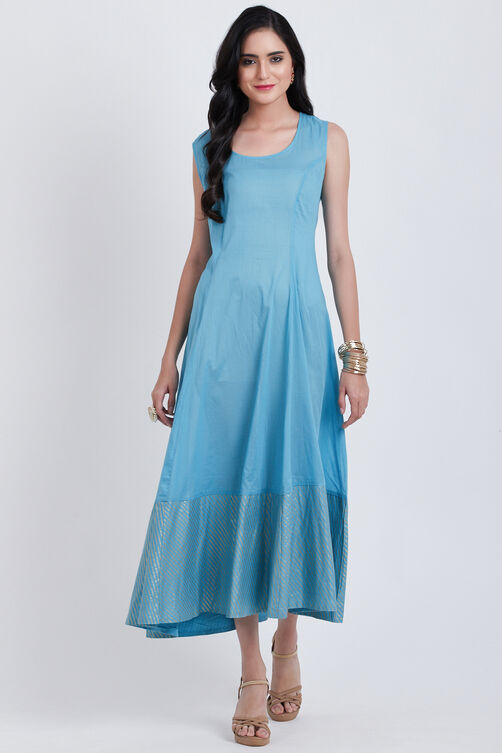 Blue Cotton Front Open Printed Kurta image number 4