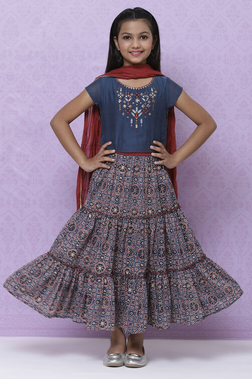 Teal Poly Cotton Girls Lehenga Set image number 0