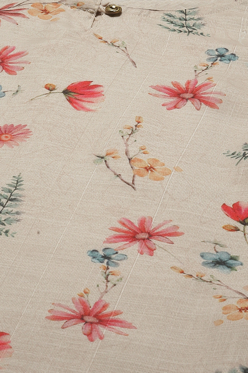 Cream Linen Digital Print Unstitched Suit Set image number 15