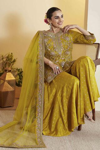 BIBA Nylon Solid Straight Festive Kurta With Palazzo And Dupatta in Green