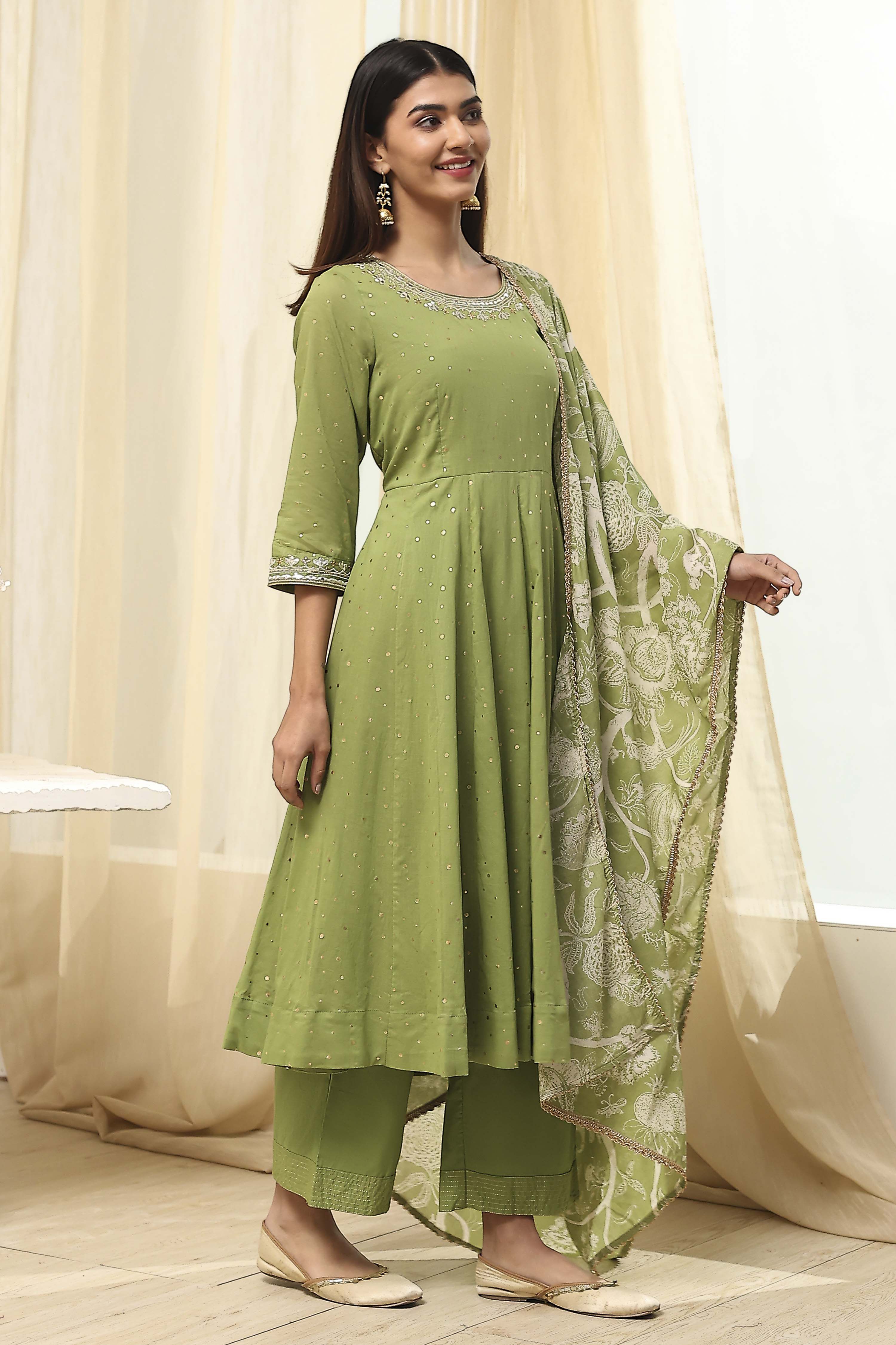 Blue Cotton Foil Printed Anarkali Suit Set image number 5