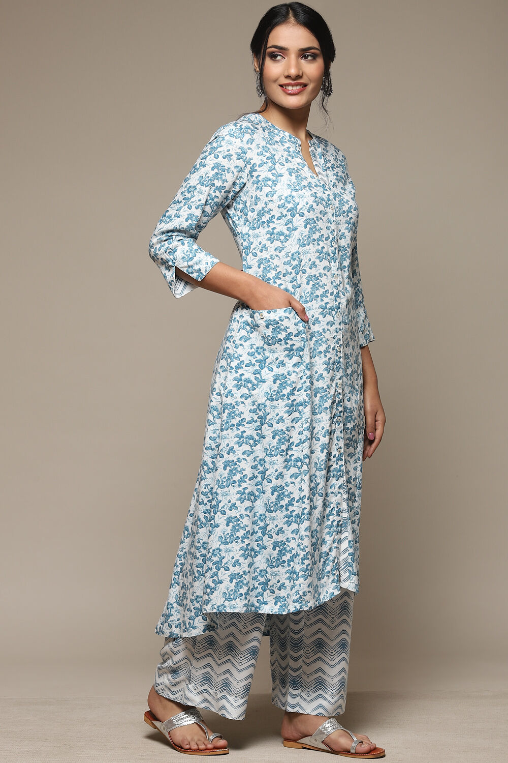 White & Blue Rayon Straight Kurta Palazzo Suit Set image number 5