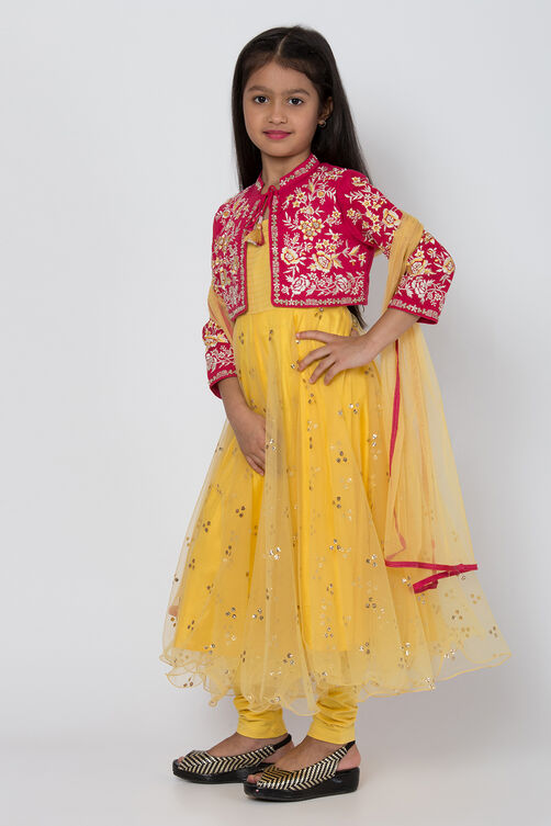 Pink And Yellow Poly Cotton Anarkali Kurta Churidar Suit Set image number 2