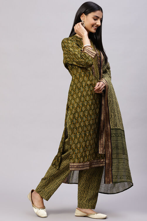 Olive Cotton Woven Unstitched Suit Set image number 6
