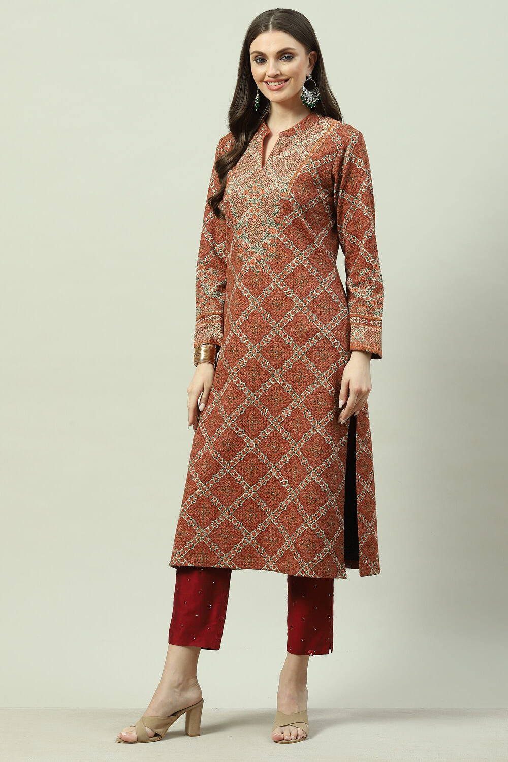 Orange Acrylic Straight Printed Kurta image number 2