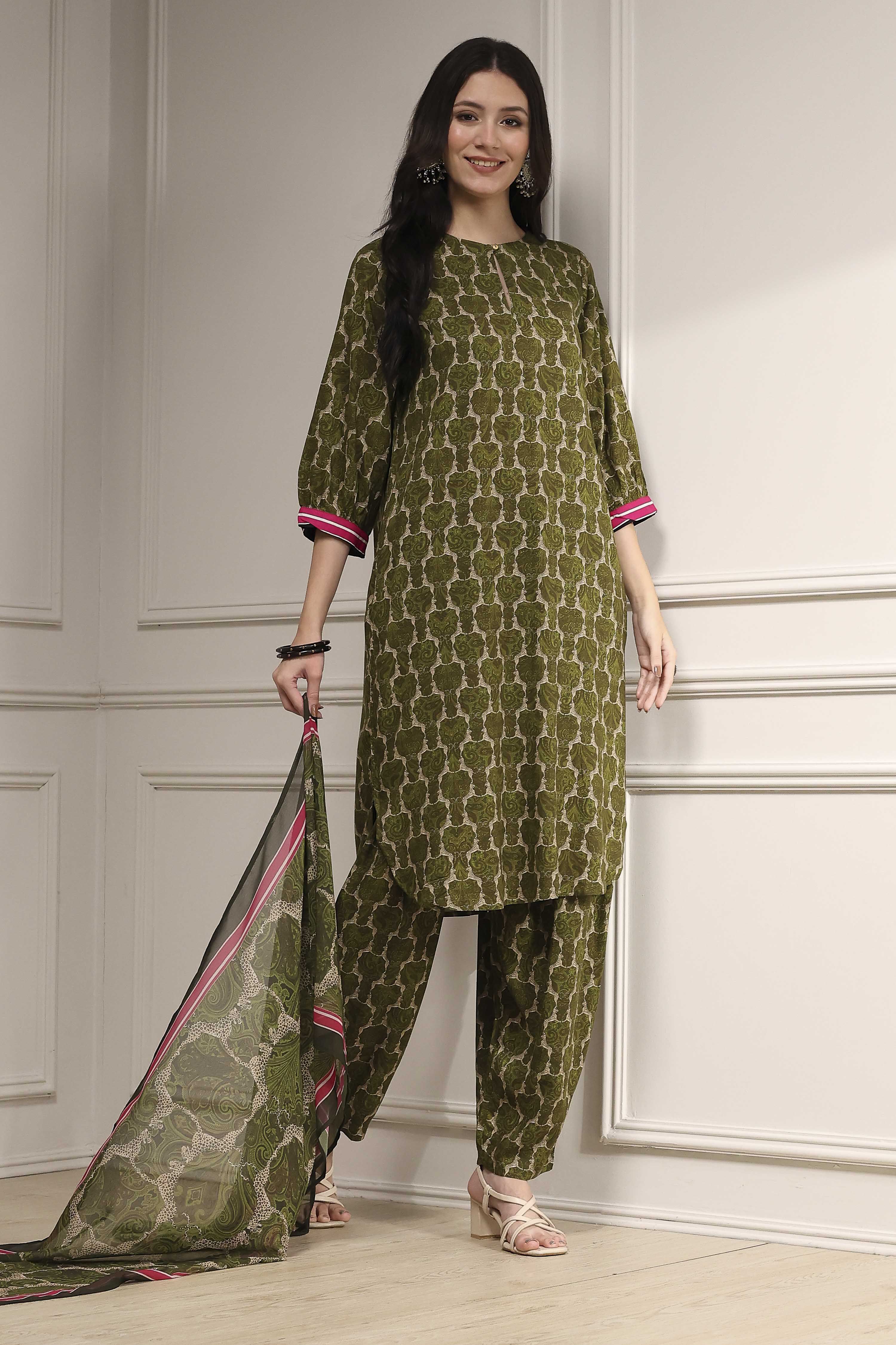 Olive Green Printed Straight Suit Set image number 0