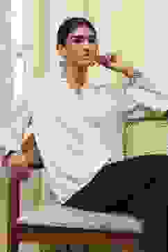 Beige Striped Straight Top image number 6