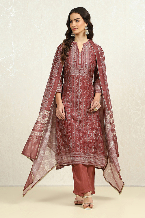 Maroon Chanderi Bandhani Printed Unstitched Suit Set image number 1