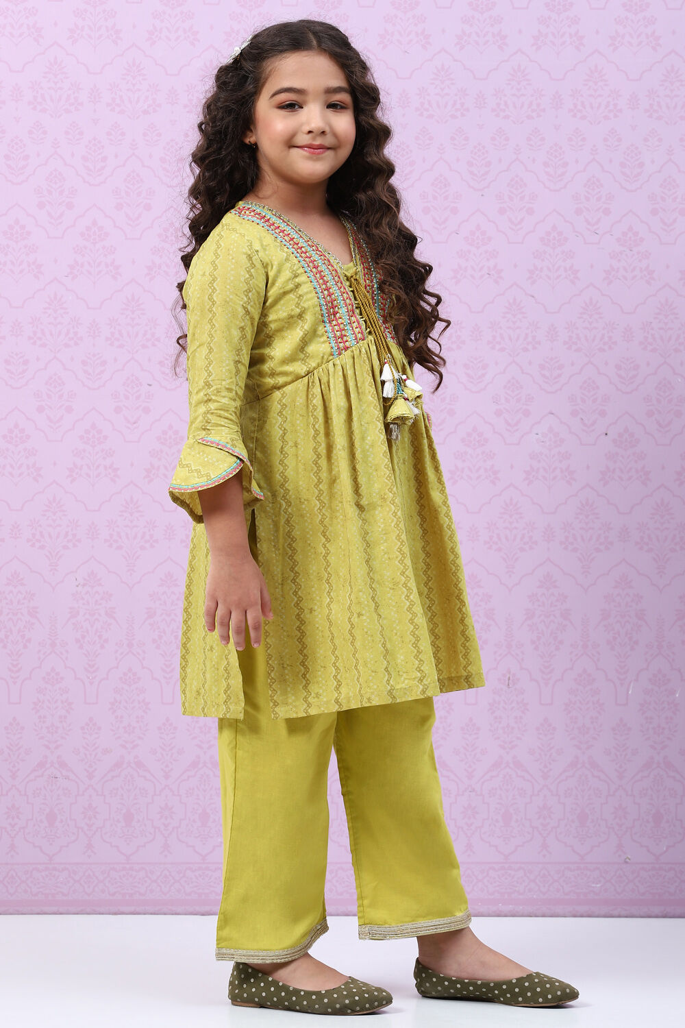 Olive Green Cotton A-Line Printed Kurta Set image number 5