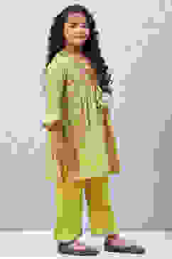 Olive Green Cotton A-Line Printed Kurta Set image number 5