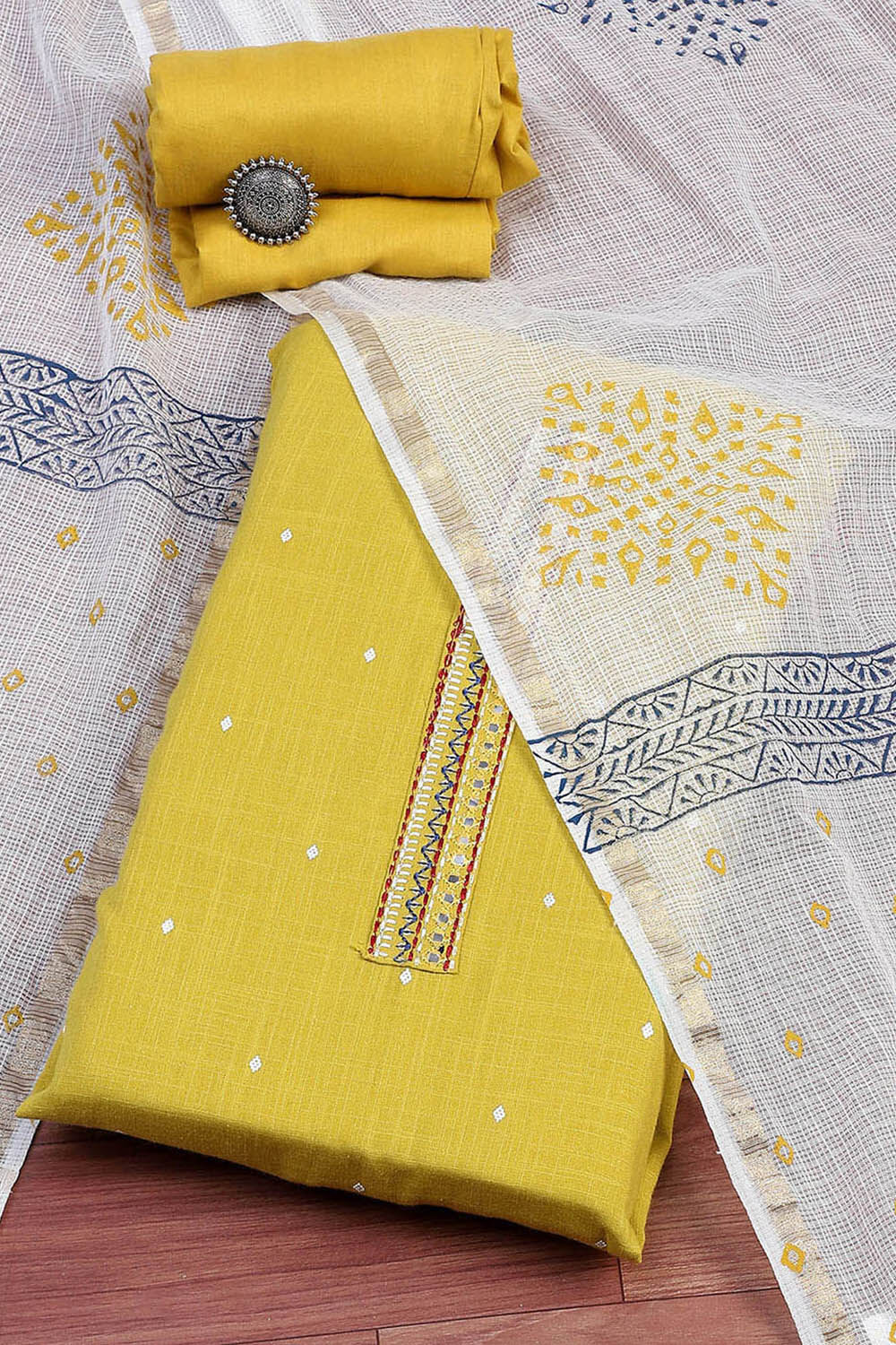 Yellow Cotton Handloom Unstitched Suit Set image number 0