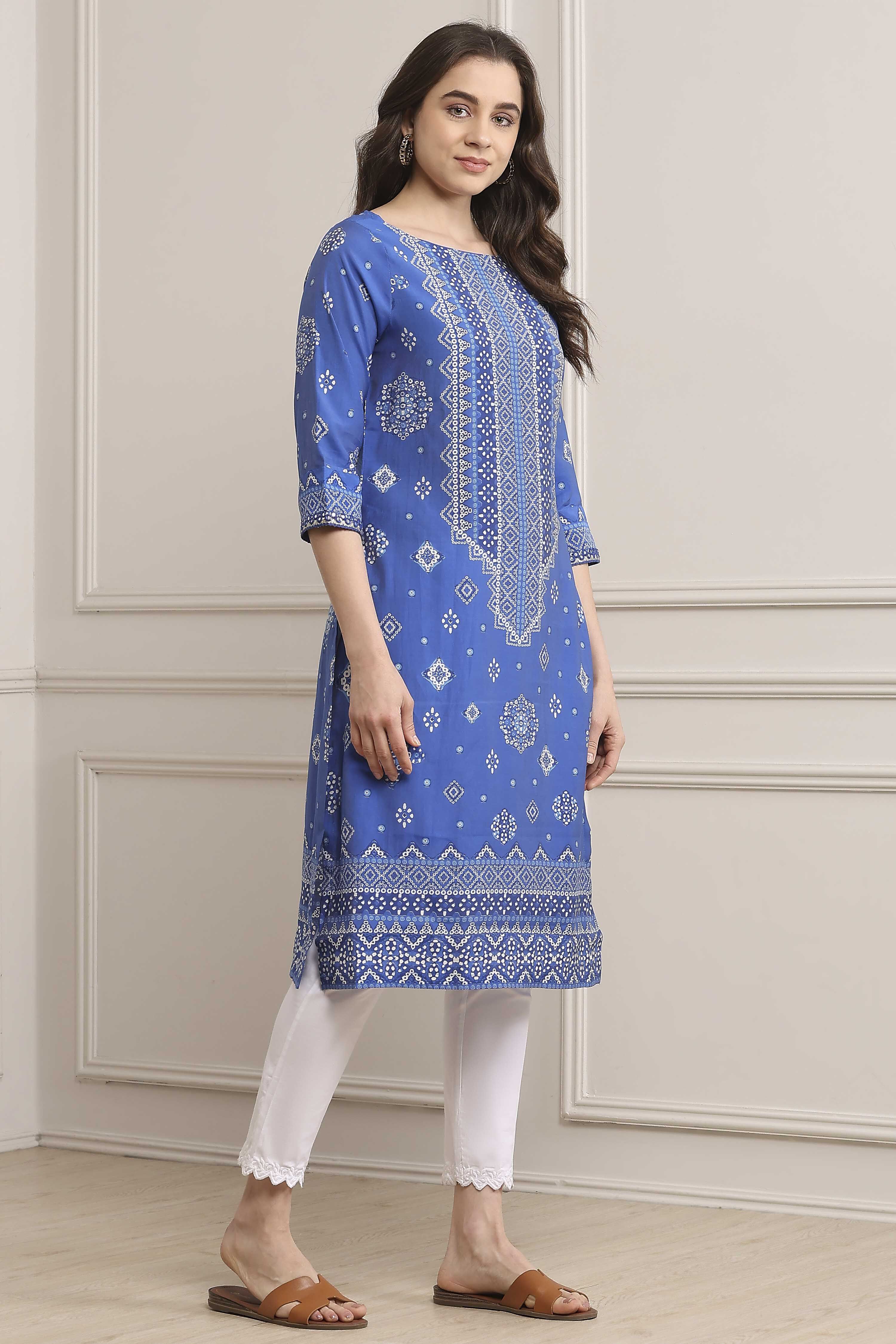 Royal Blue Rayon Straight Printed Kurta image number 4
