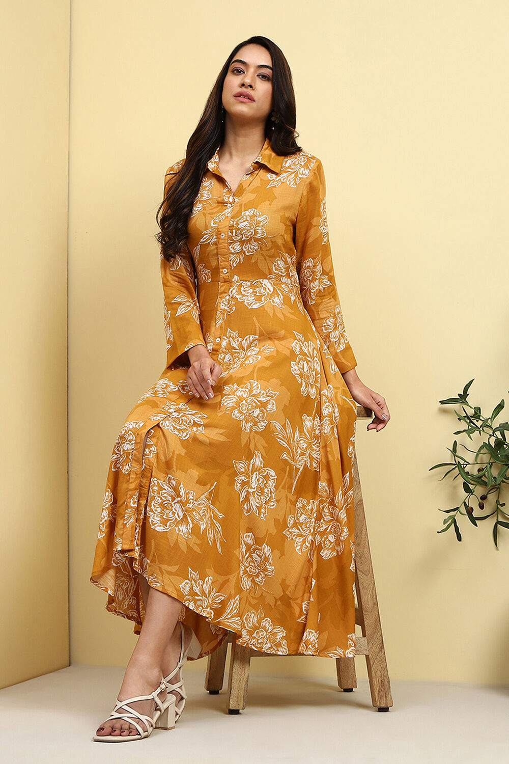 Mustard Yellow Floral Printed Shirt Style A-line Dress image number 0
