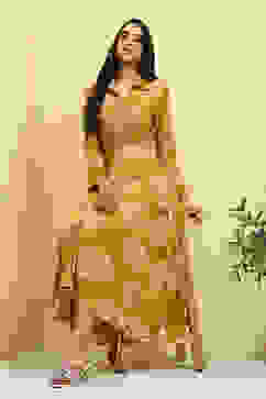 Mustard Yellow Floral Printed Shirt Style A-line Dress image number 0