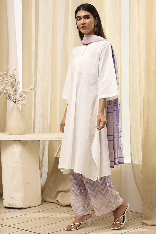 Blue and White Cotton Straight Suit Set image number 3