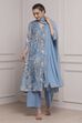 Blue Floral Printed Asymmetric Suit Set