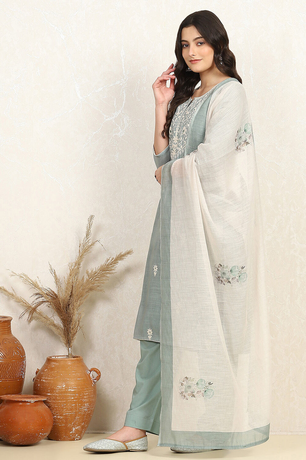 Teal Cotton Embroidered Unstitched Suit Set image number 4