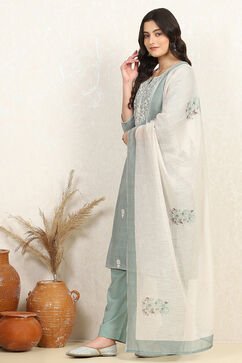 Teal Cotton Unstitched Suit Set image number 4
